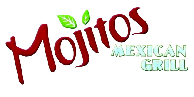 Mojitos Mexican Grill logo with red text and green leaf accents.