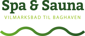 Spa & Sauna-logo i grønt med “VILMARKSBAD TIL BAHAVEN” og en bølget grøn linje nedenunder