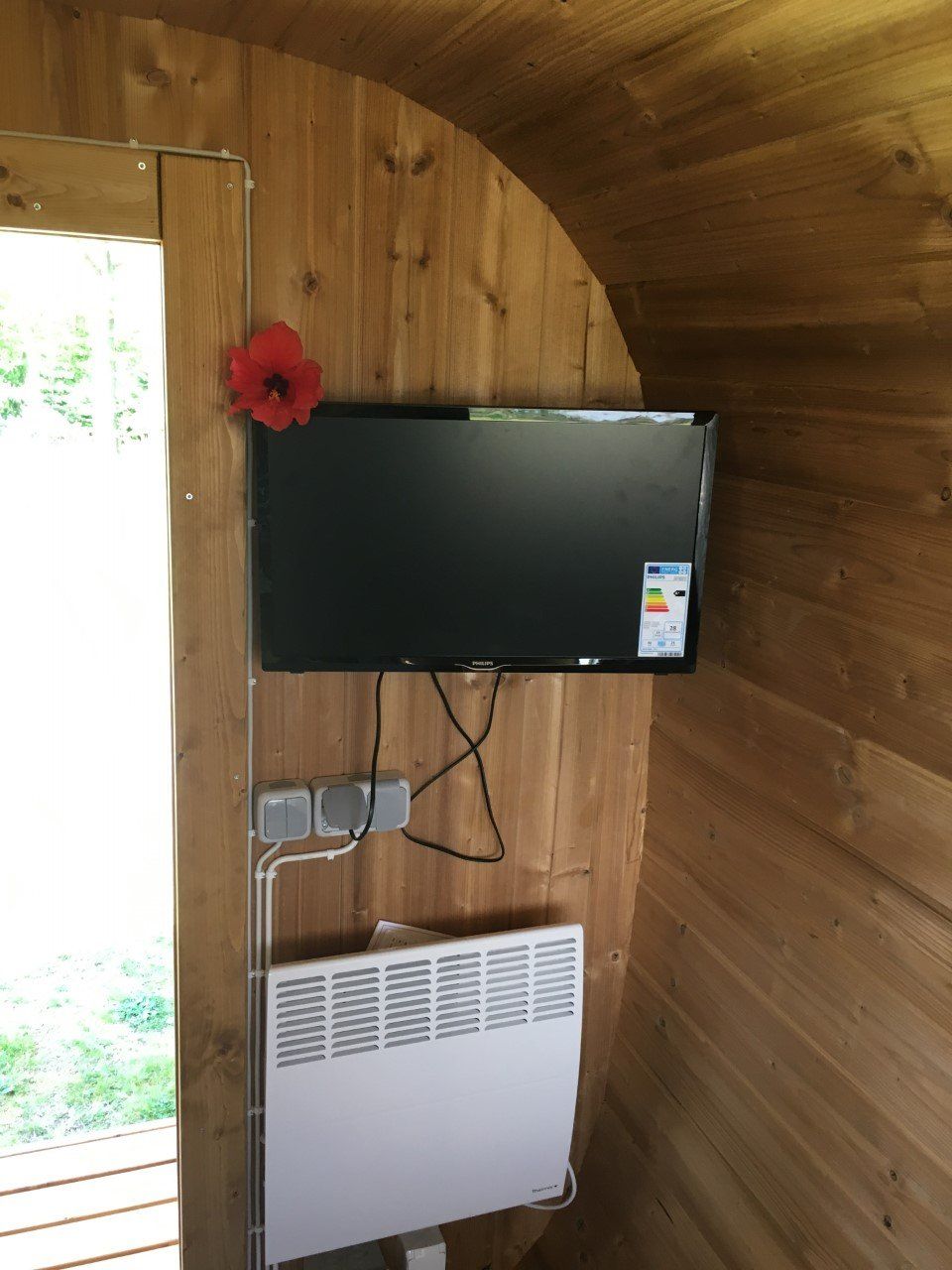 Vægmonteret TV og varmelegeme i et lille træværelse med døråbning og rød blomsterdekoration
