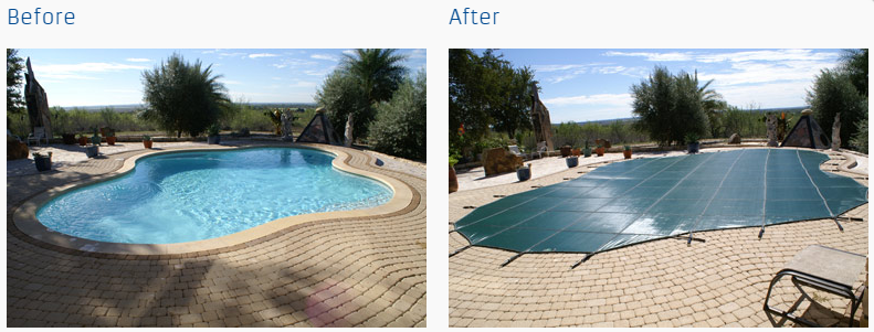 a before and after photo of a swimming pool with cover in suffolk