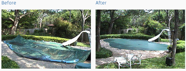 a before and after picture of a pool cover on aswimming pool with a slide