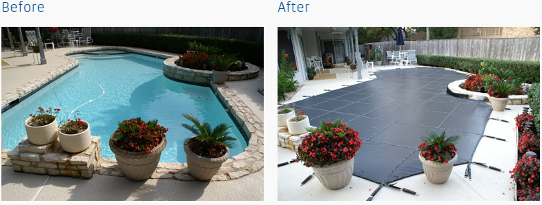 a before and after picture of a swimming pool cover install in Suffolk county