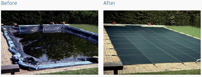 a before and after picture of an inground swimming pool with and without a pool cover in suffolk county