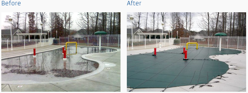 a before and after picture of a swimming pool with a new cover