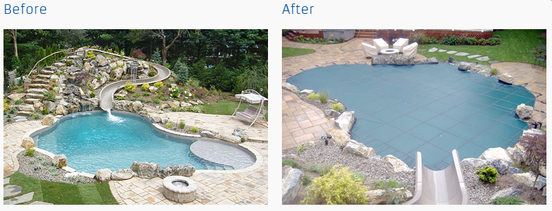 a before and after picture of a swimming pool with a swimming pool cover added