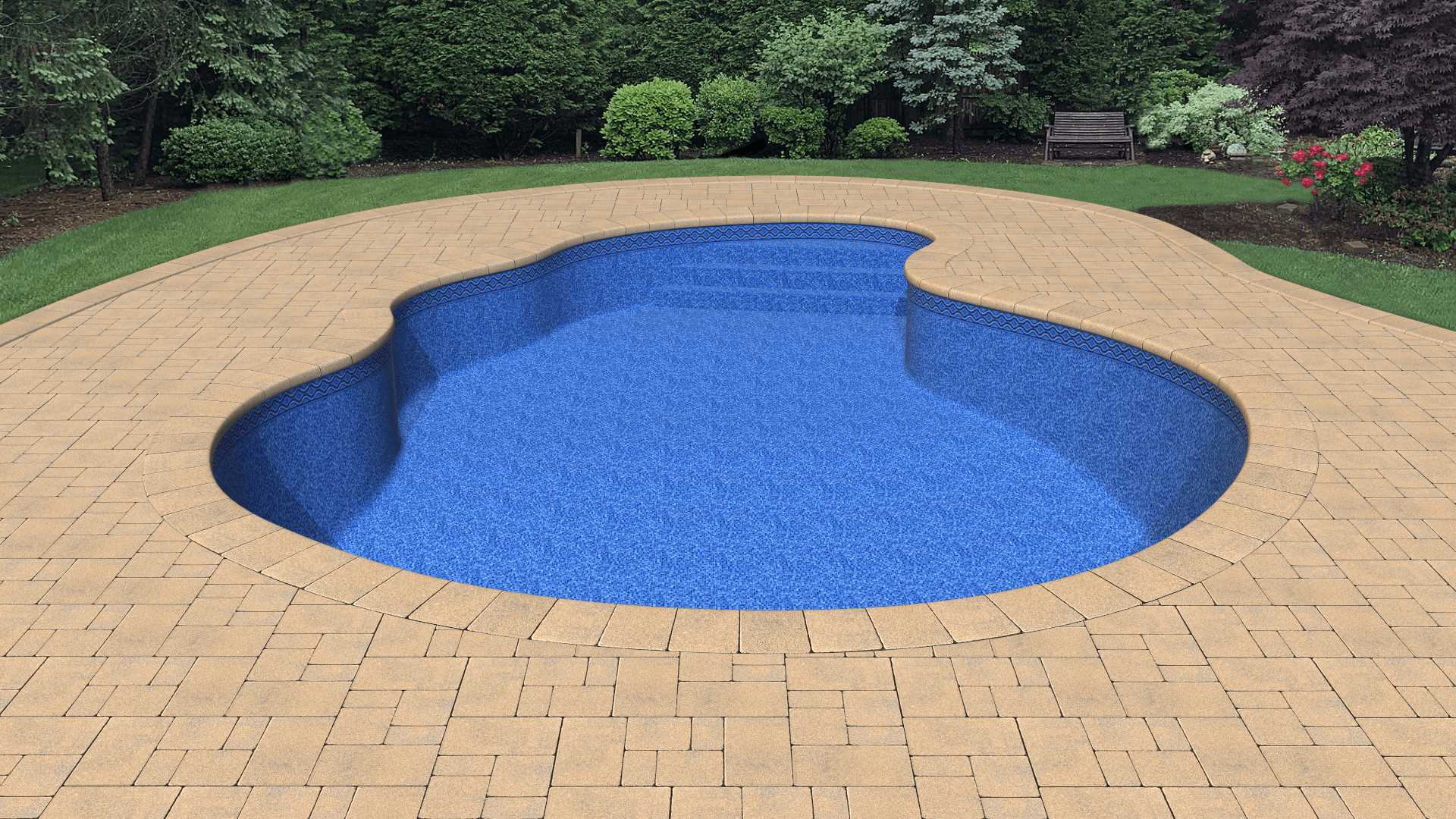 a large swimming pool is surrounded by a brick patio