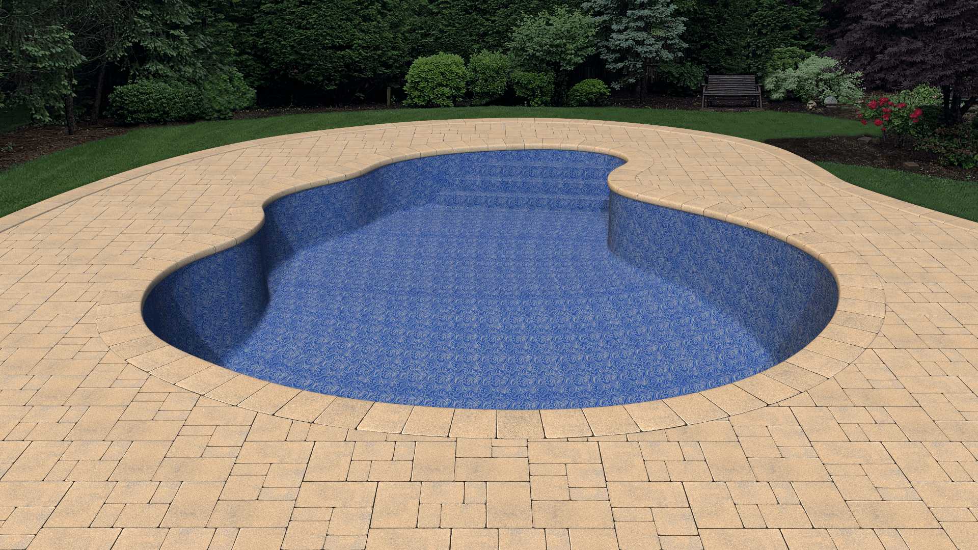 a swimming pool with a blue tile surrounded by a brick patio