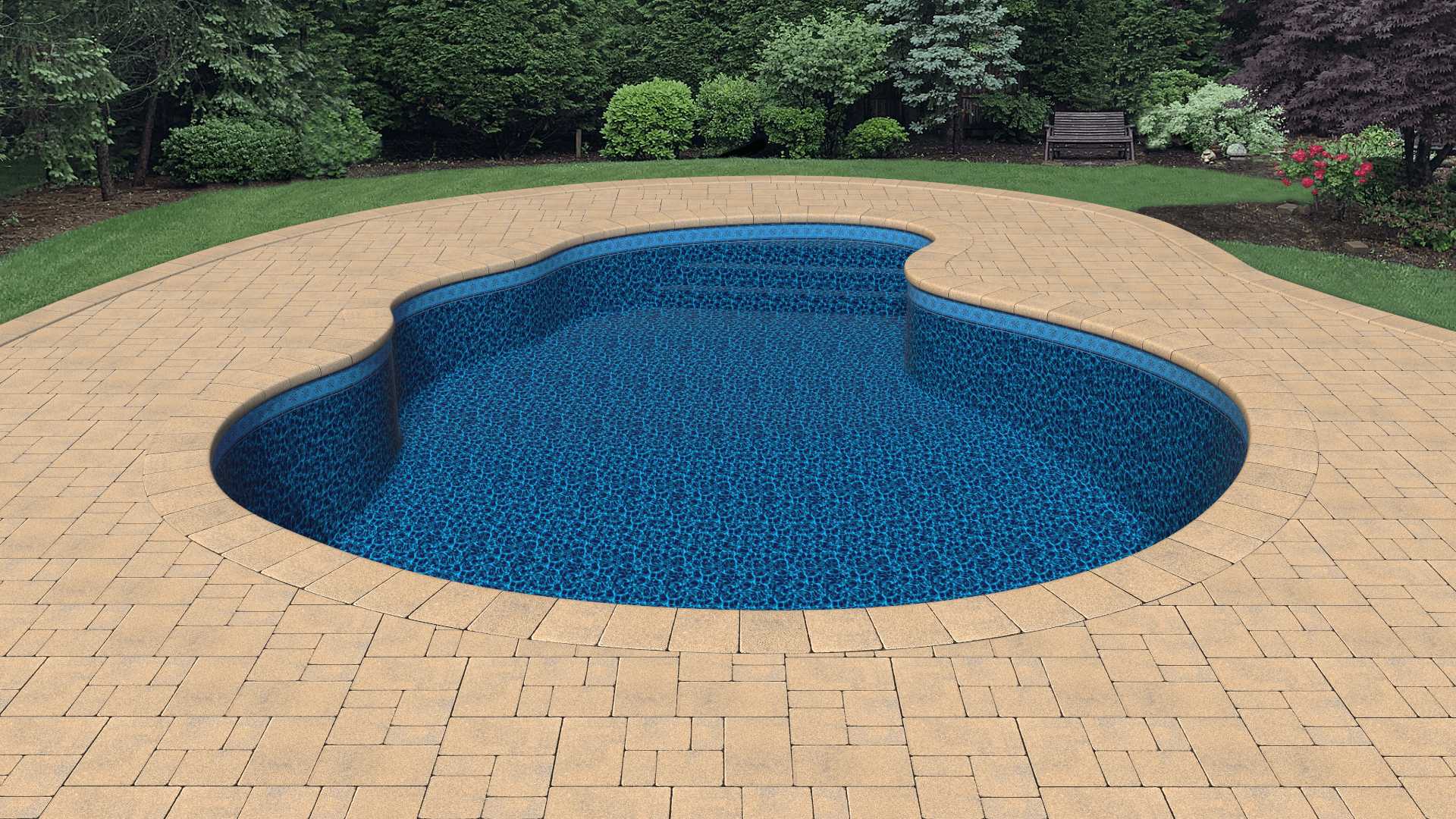 a large swimming pool is surrounded by a brick patio