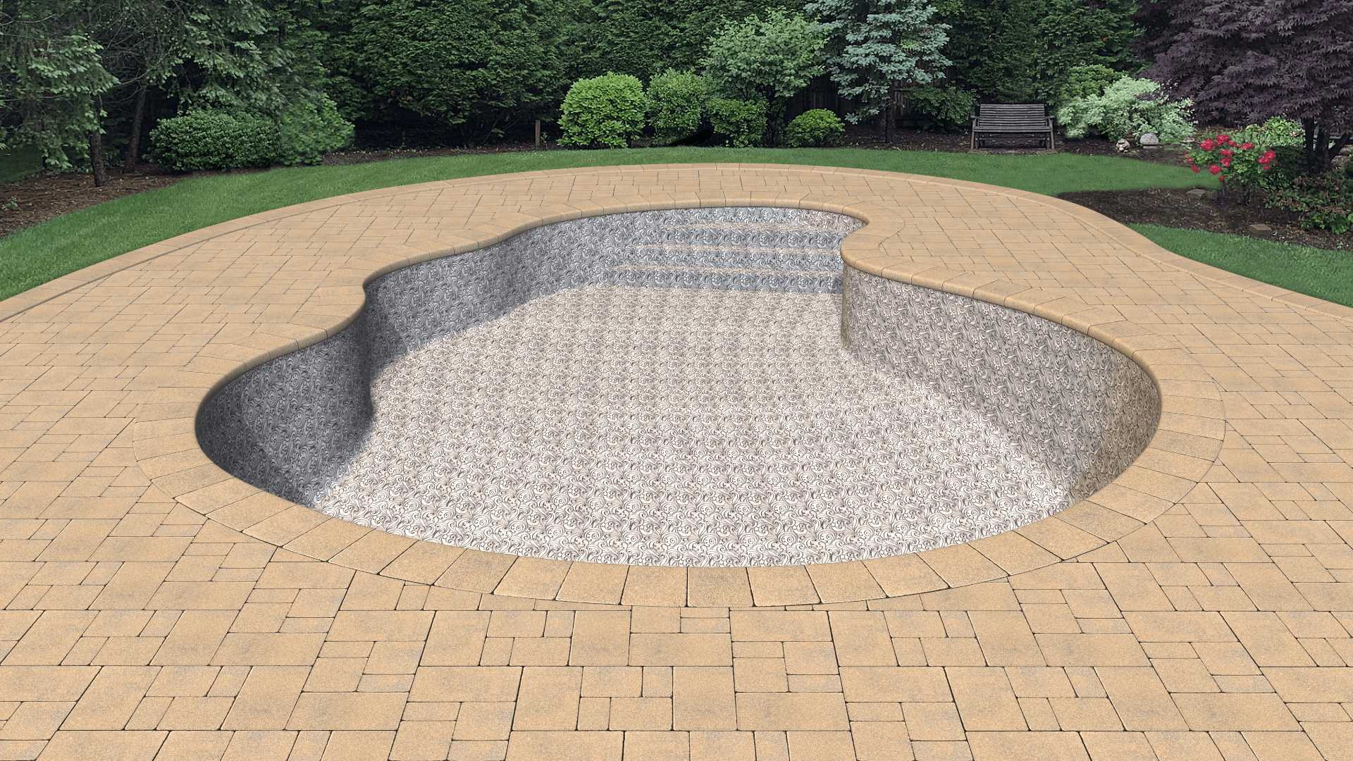 a large swimming pool is surrounded by a brick patio