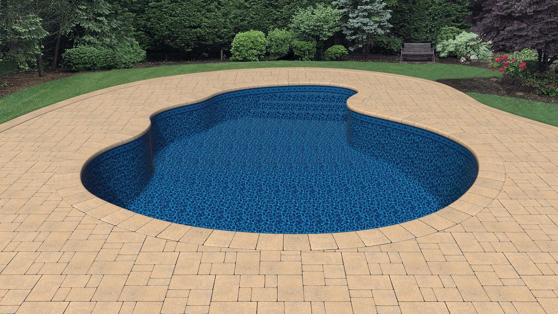 a large swimming pool is surrounded by a brick patio
