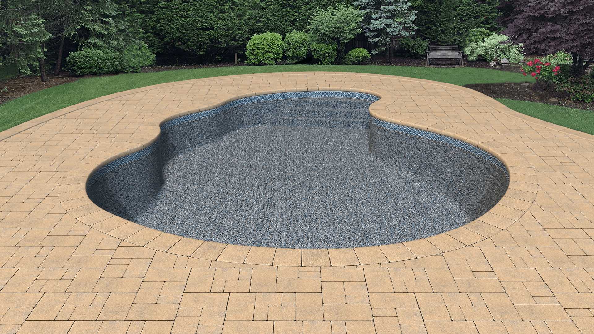 a large swimming pool is surrounded by a brick patio
