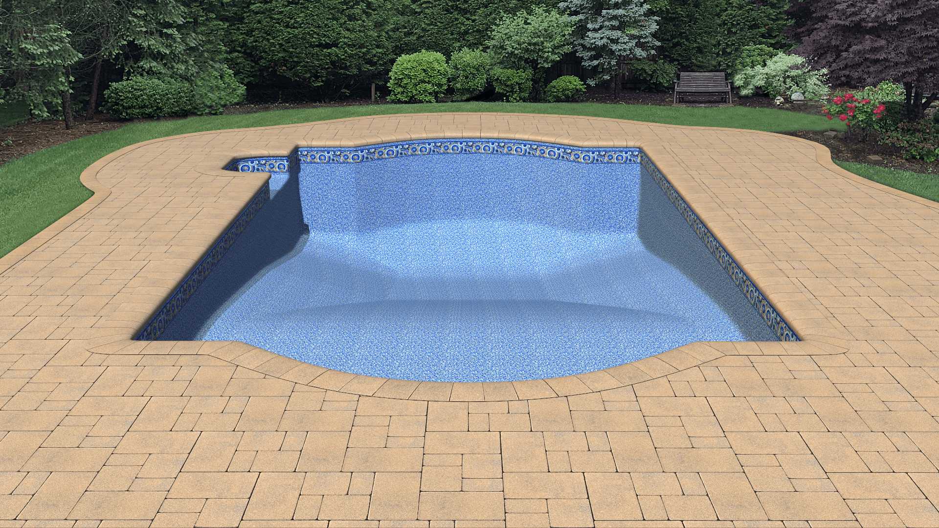 a large swimming pool with a brick patio in front of it