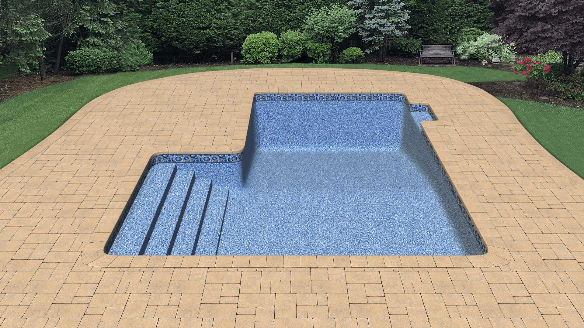 a swimming pool with a brick walkway leading to it