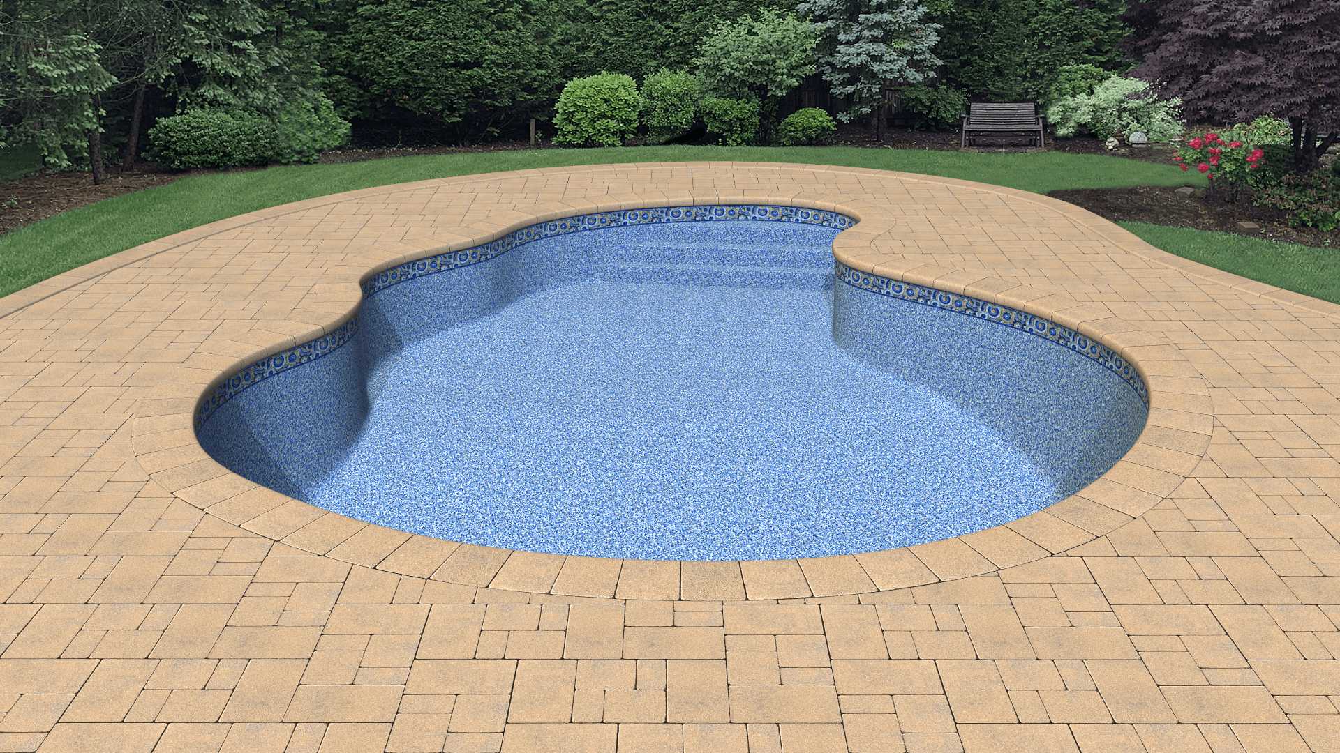 a large swimming pool is surrounded by a brick patio
