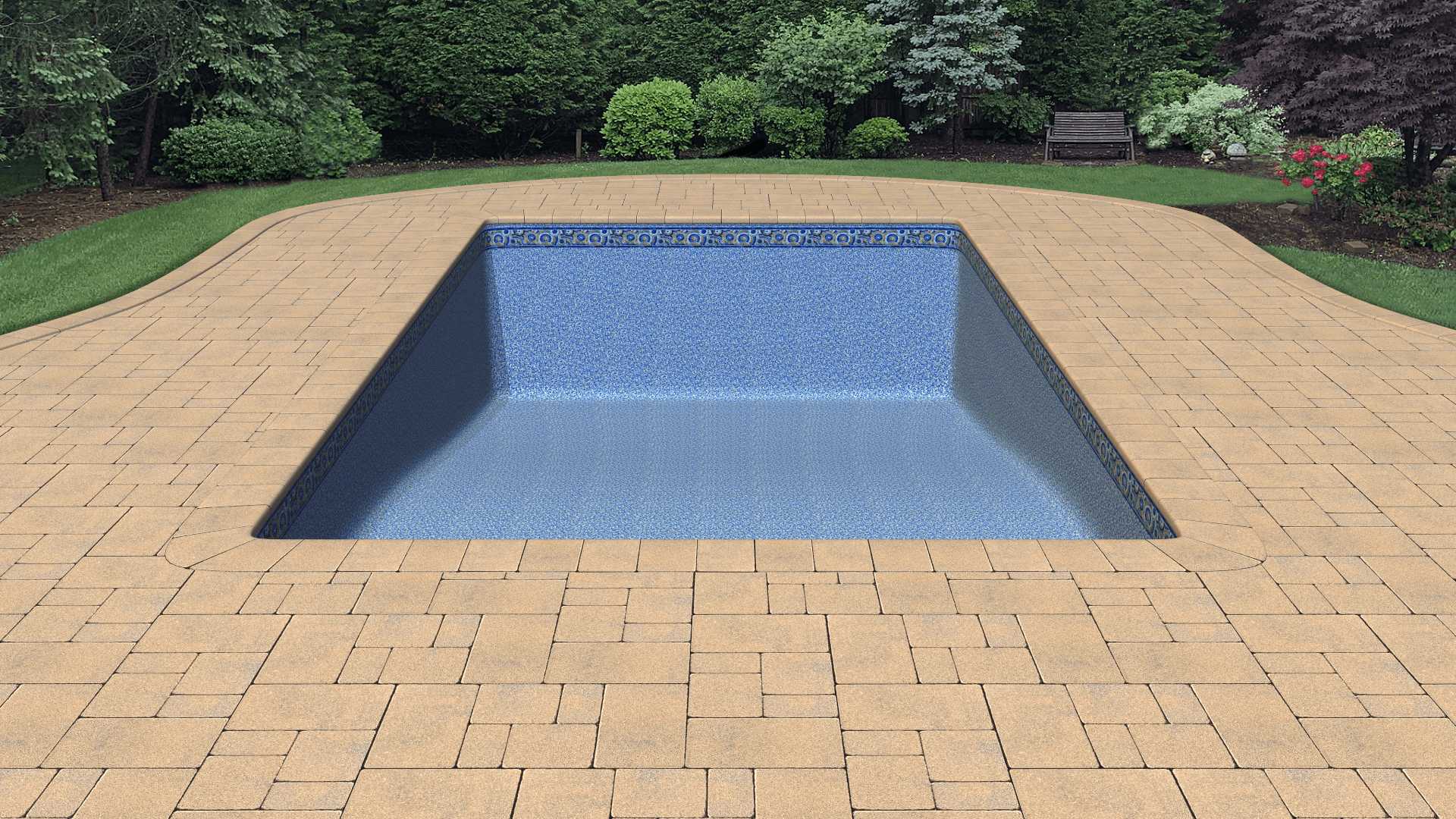 a brick walkway leading to a large swimming pool