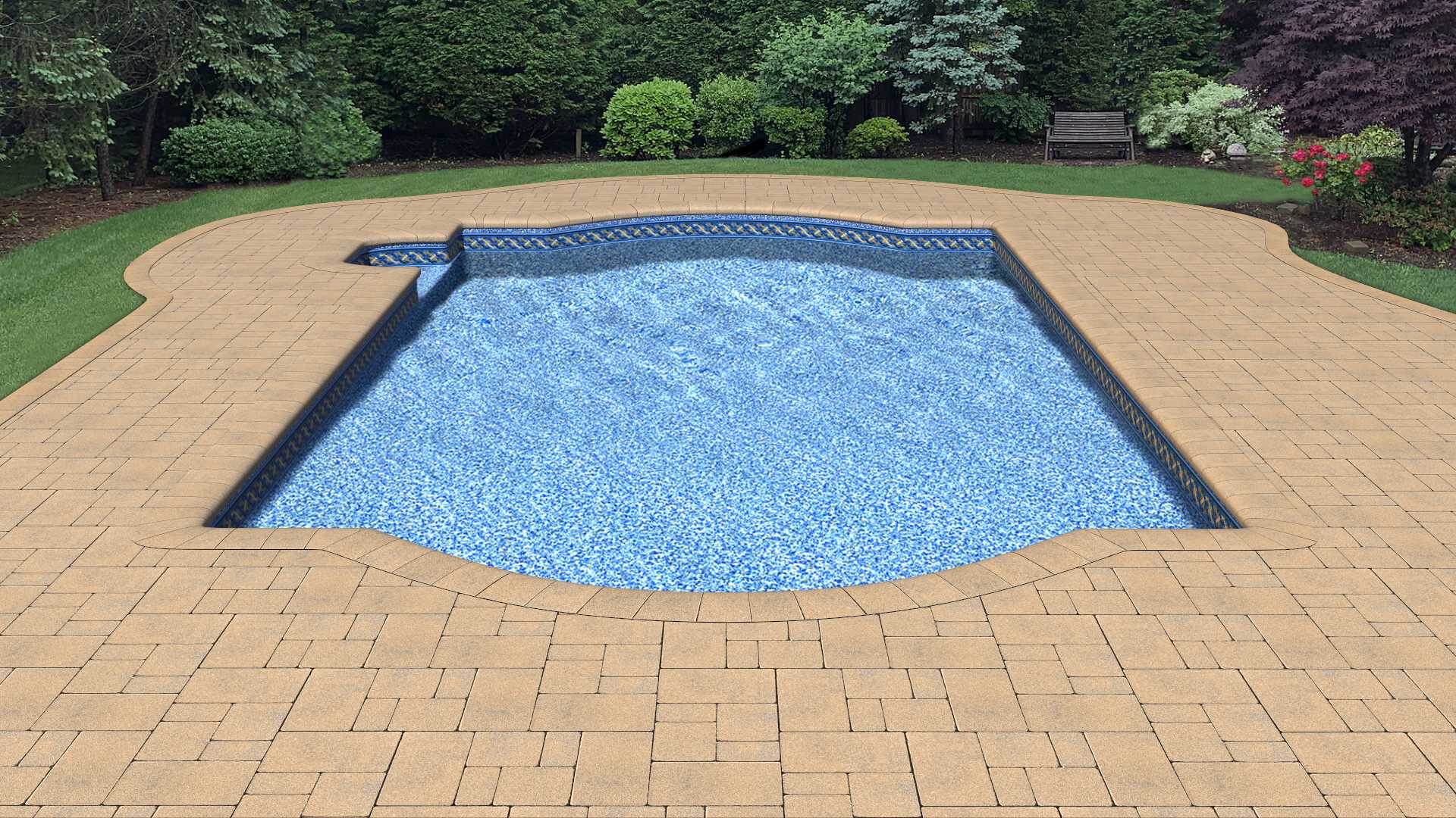 a large swimming pool is surrounded by a brick patio