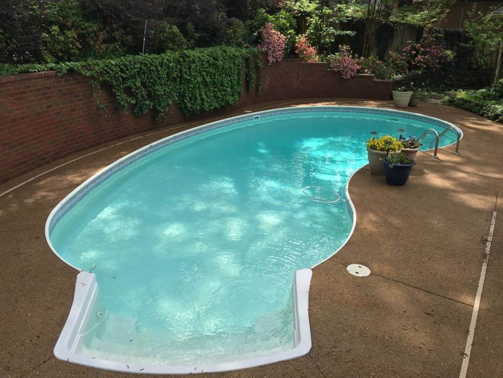 a large swimming pool surrounded by potted plants and a brick wall