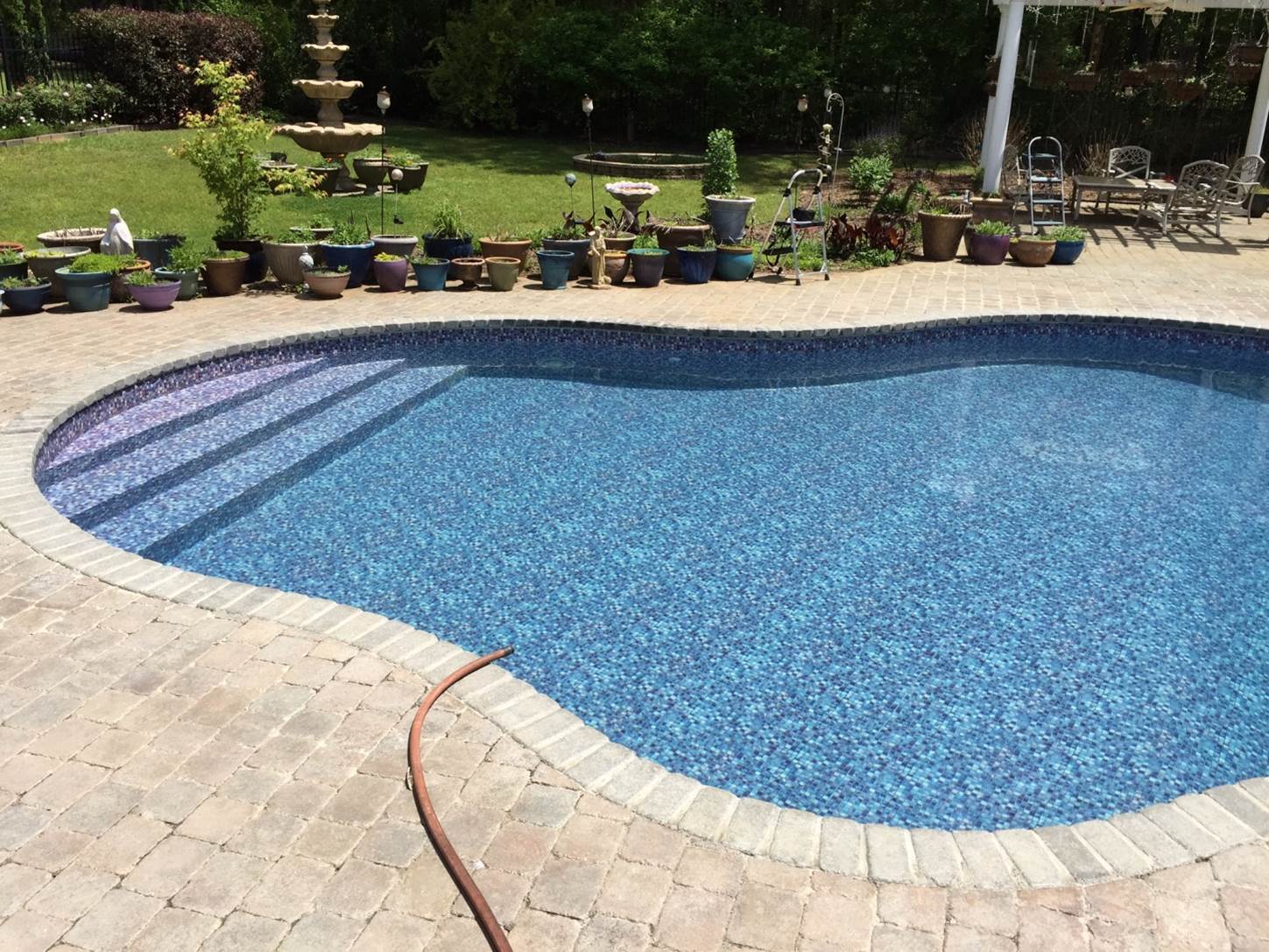 a swimming pool surrounded by potted plants and a fountain
