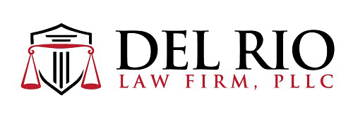 Logo for Del Rio Law Firm, PLLC. Shield with scales of justice and columns, black and red text.
