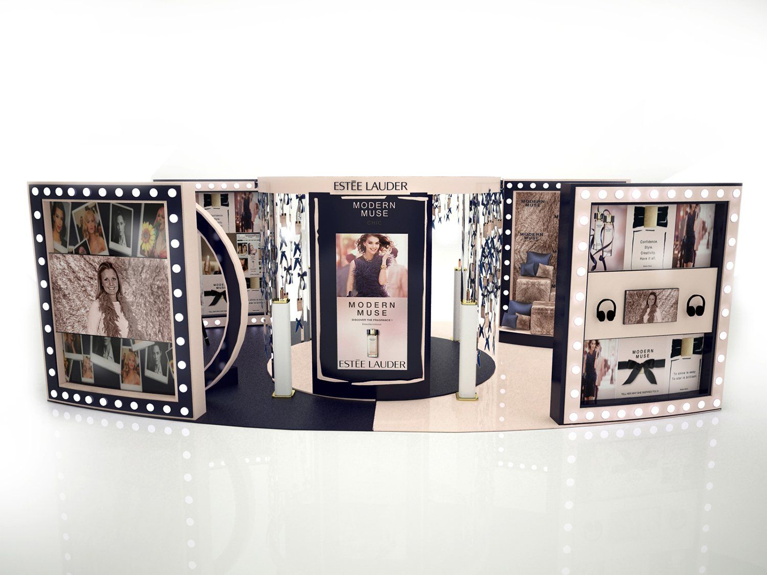 Estee Lauder Modern Muse Experiential Mall Site featuring photo booth and testing area