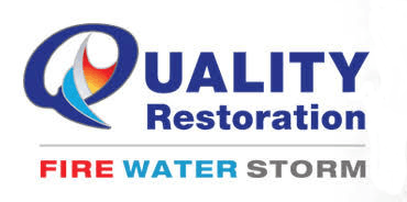 Logo for Quality Restoration; blue and orange swirling graphic, text