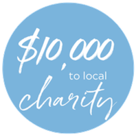 A blue circle that says $ 10,000 to local charity
