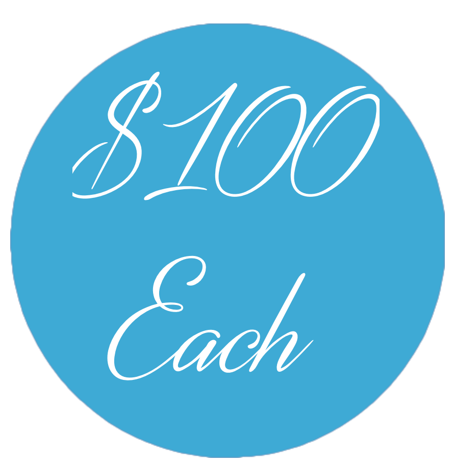 A blue circle with the words $ 100 each on it