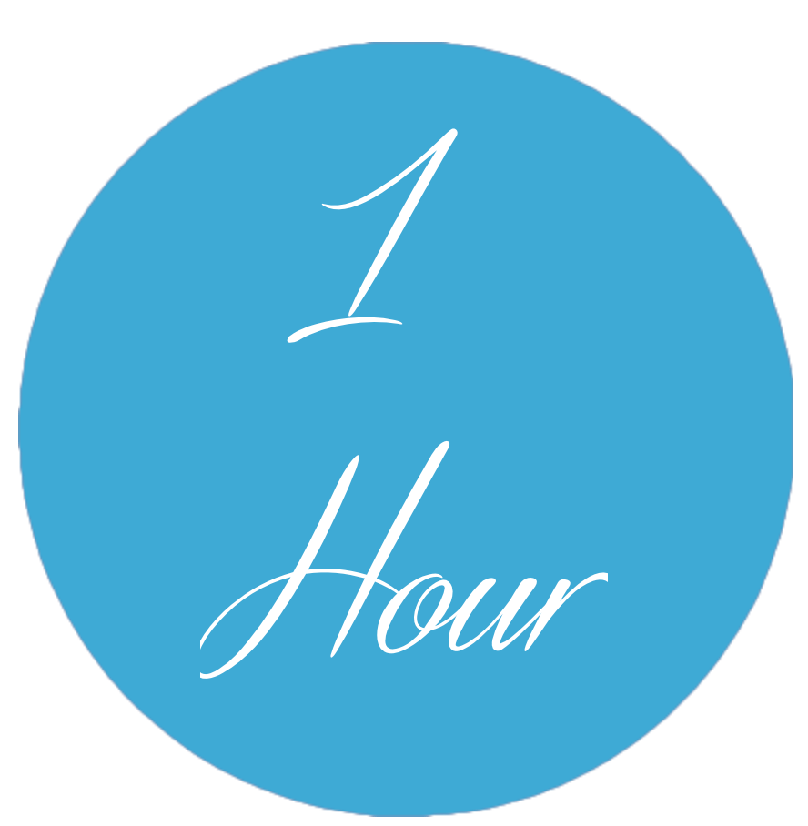 A blue circle with the words 1 hour on it