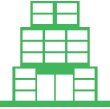 a green building with a lot of windows and doors stacked on top of each other .