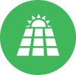 a green circle with a white icon of a solar panel with the sun in the middle .