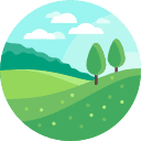 two trees in the middle of a green field .