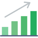 a green bar graph with an arrow pointing up .