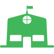 a green building with a flag on top of it .