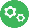 a green circle with two white gears inside of it .