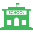a green school building with a flag on top of it .