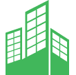 a green building with white windows on a white background .
