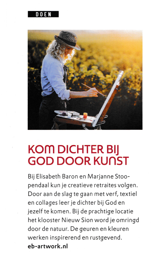 de beeldende stilte retraite genoemd als tip in het Eva-magazine van oktober 2020, Elisabeth Baron