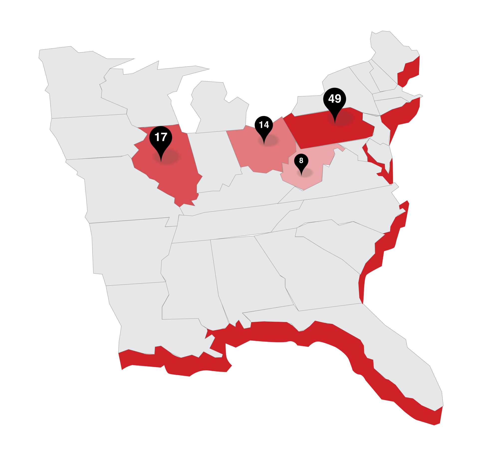 A map of the united states with red states and black pins
