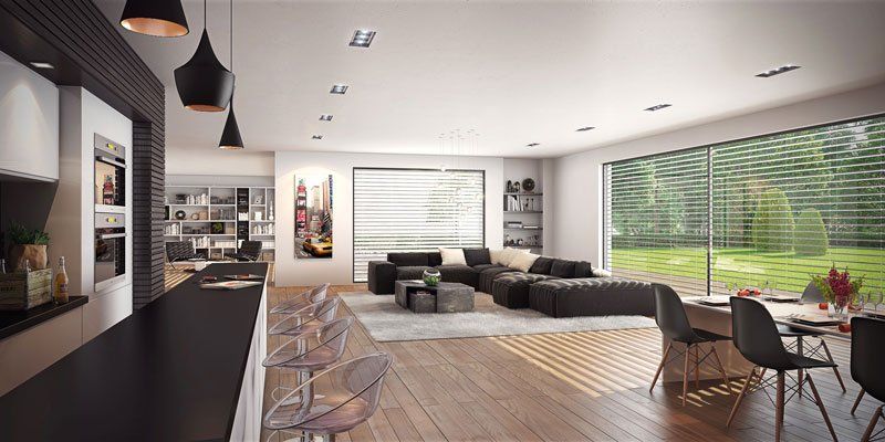 Salone con finestre oscurate