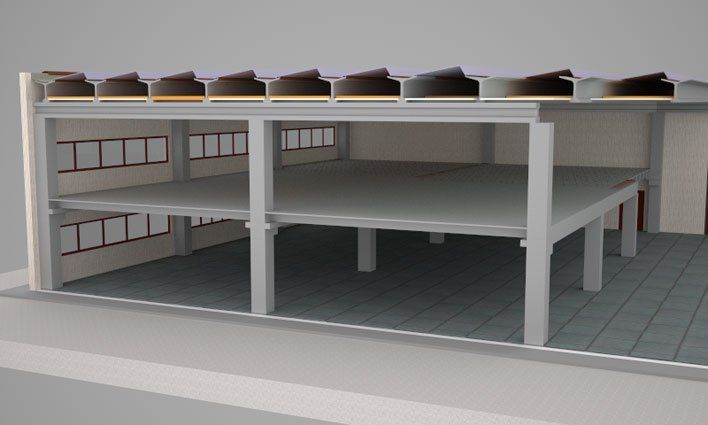 Rendering Halle mit Zwischengeschoss