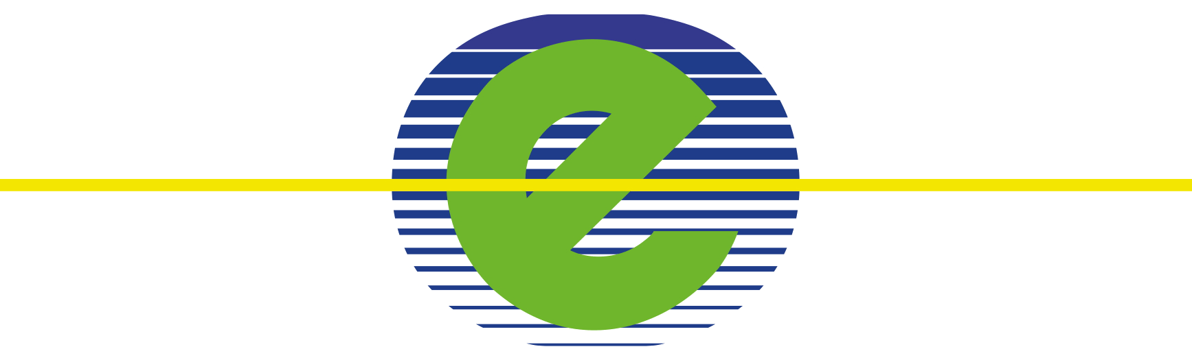 A green letter e is surrounded by blue and white stripes