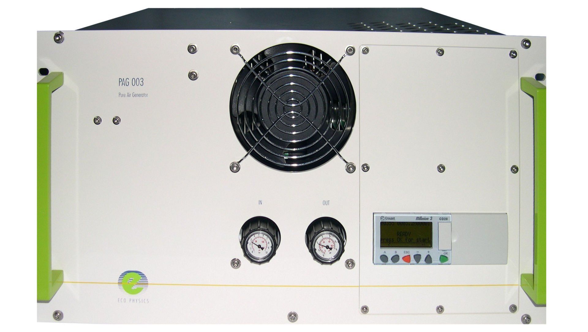 A white box with a fan and two gauges on it