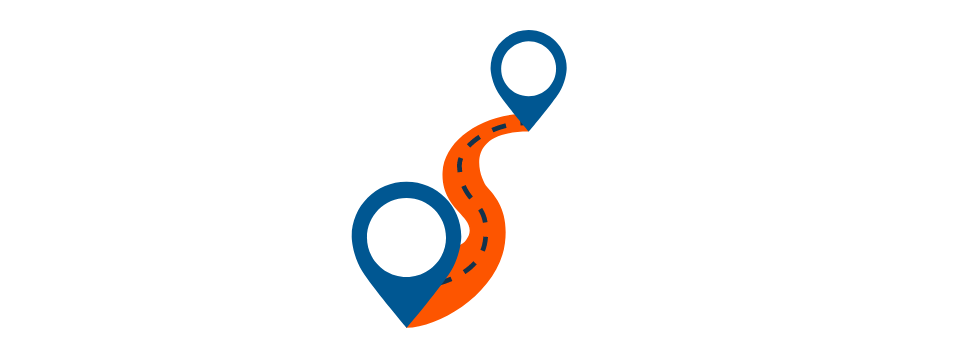 Graphic of a road stretched between two map markers representing the support Positive Images participants receive to chart a career road map.