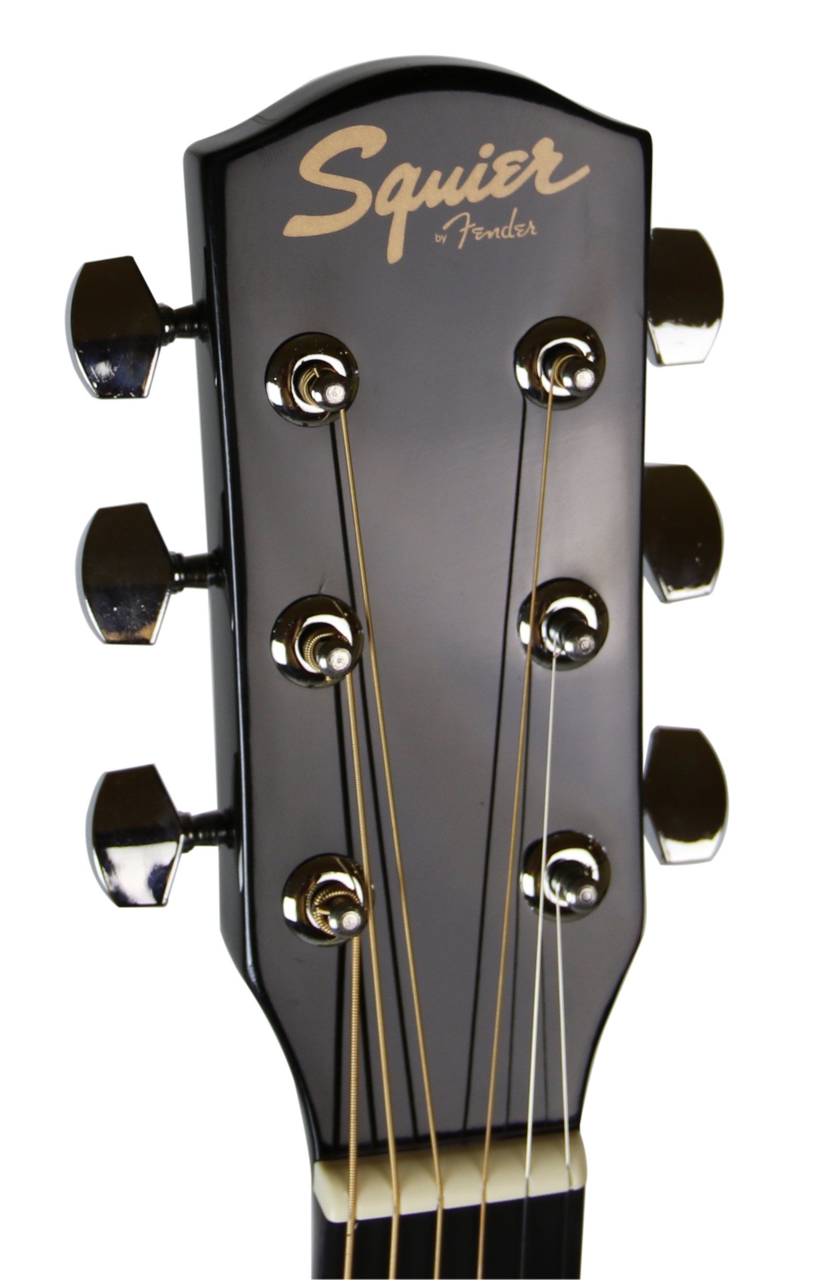 Black Squier acoustic guitar headstock with tuning pegs and strings.