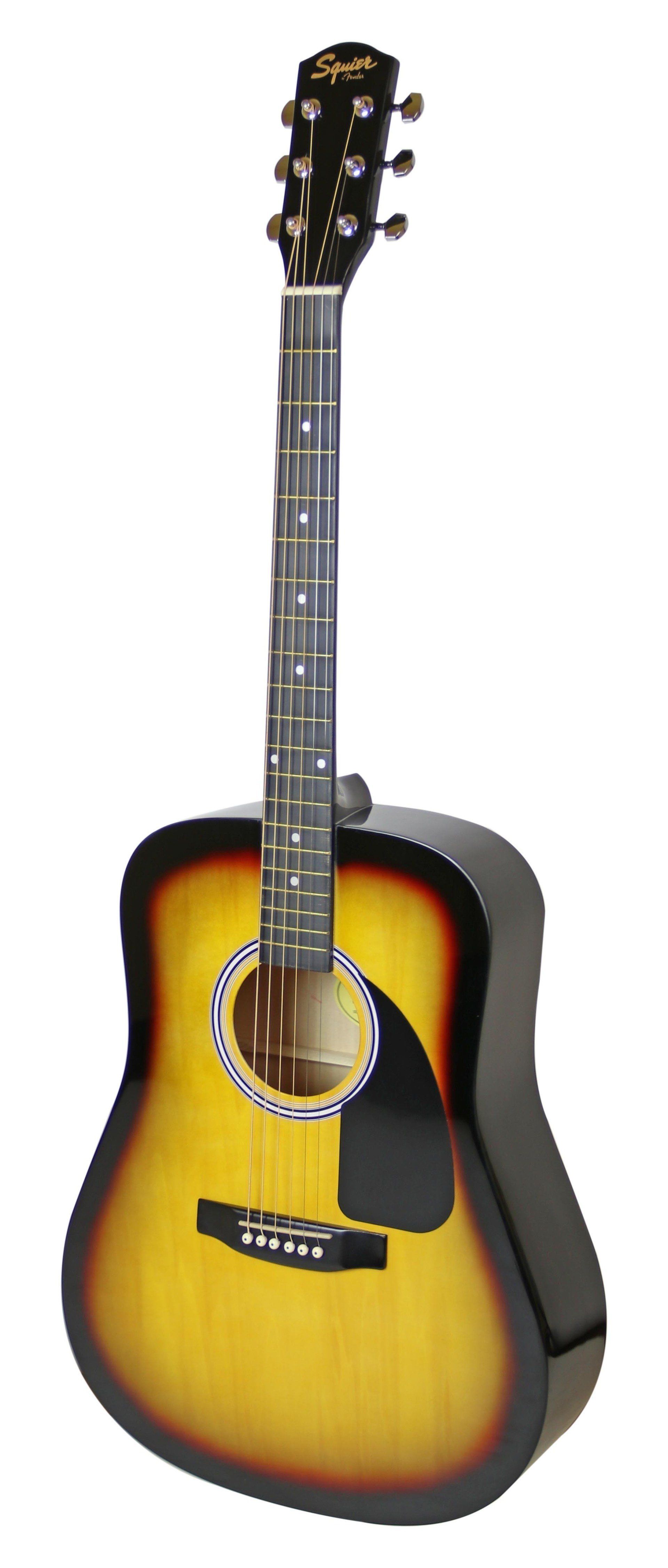 Acoustic guitar with a yellow and brown sunburst finish.