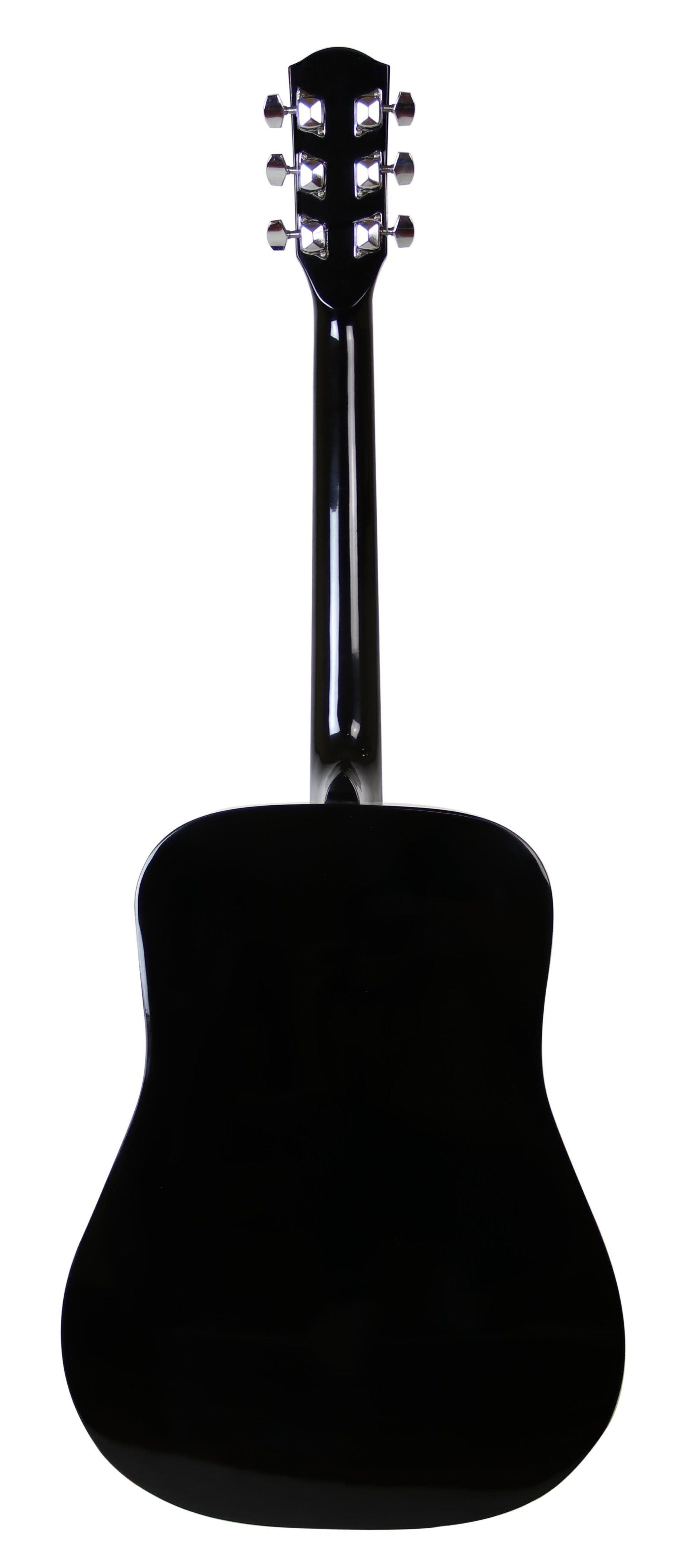 Back of a black acoustic guitar.