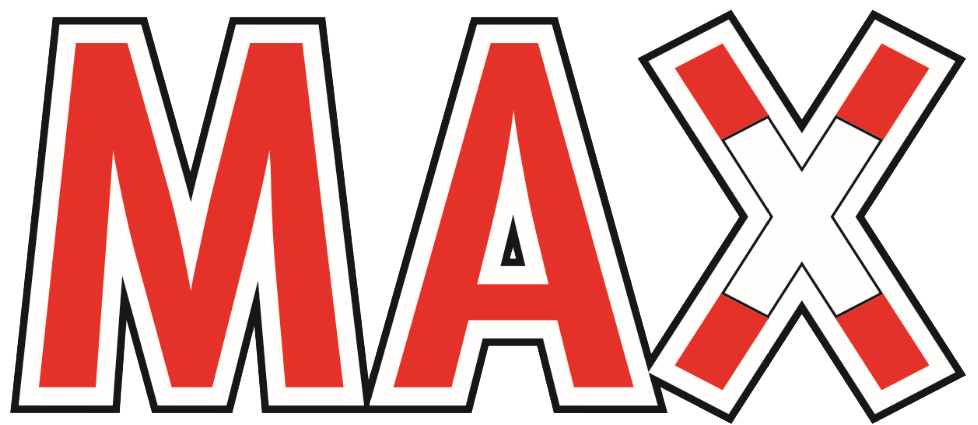 Das Wort Max ist in Rot und Weiß auf weißem Hintergrund geschrieben