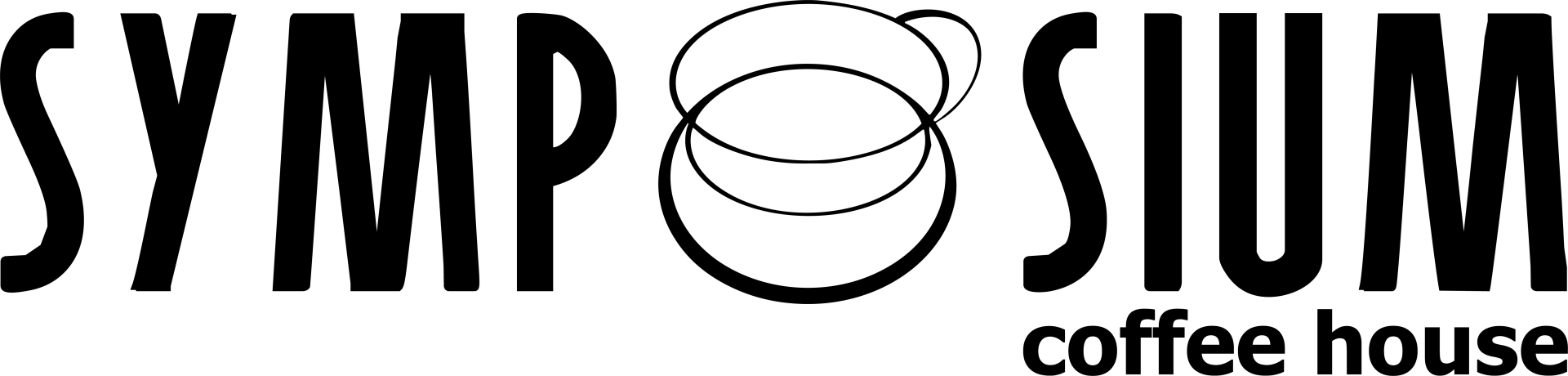 SYMPOSIUM coffee house logo with stylized steaming cup and bold black text
