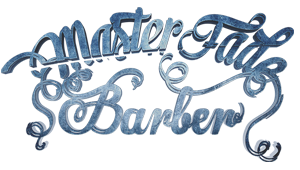 Blue ornate script logo reading “Master Fade Barber”