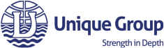Unique Group logo with navy emblem and text, plus slogan “Strength in Depth”